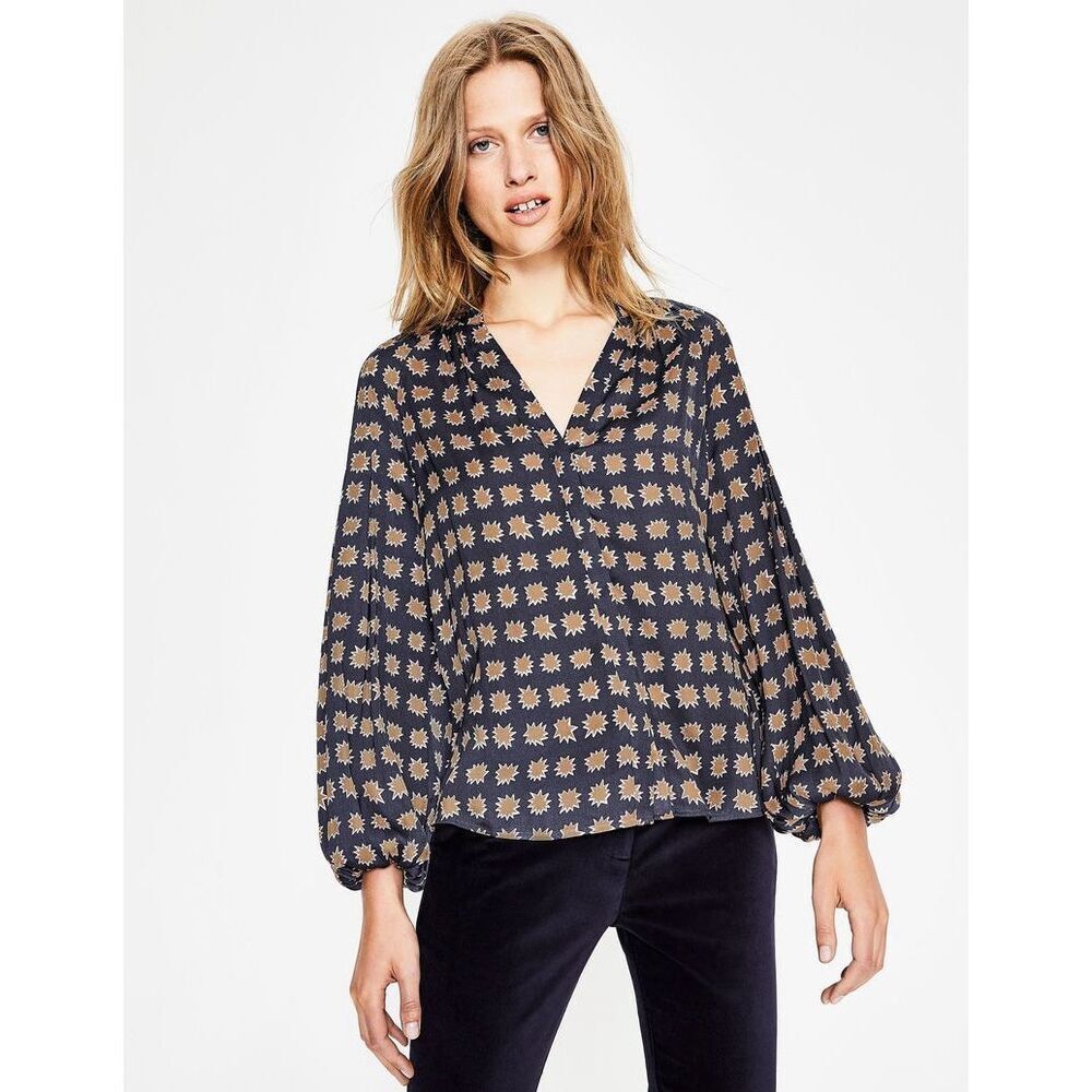 Boden Harriet Starburst Print Blouse in Navy & Gold Size 10